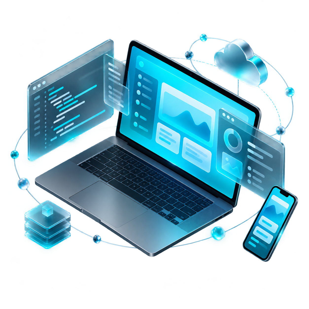 Notebook isométrico com telas de código, interfaces translúcidas, smartphone e elementos de tecnologia em ciano e grafite.